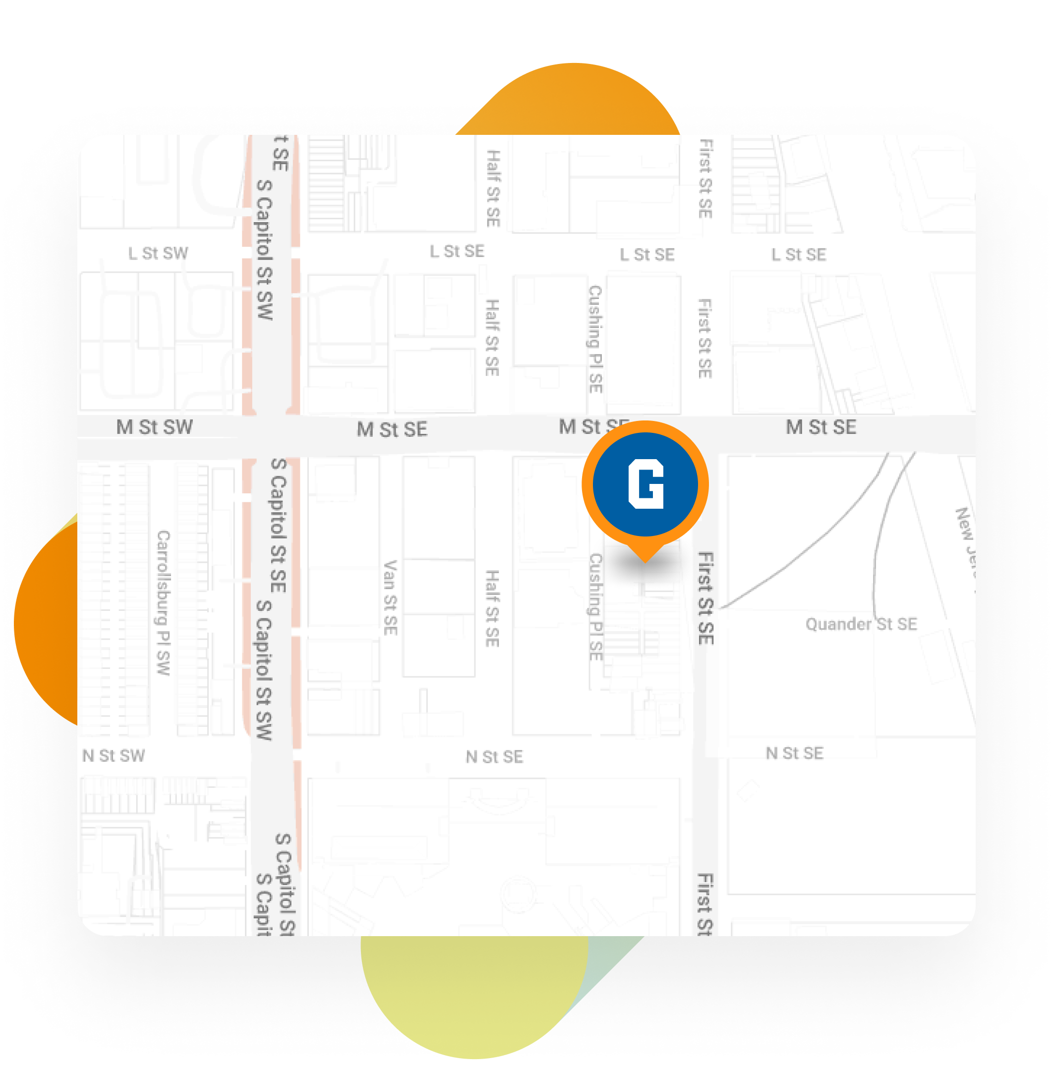 Map of Washington, DC area with pin identifying GiveCampus headquarters.