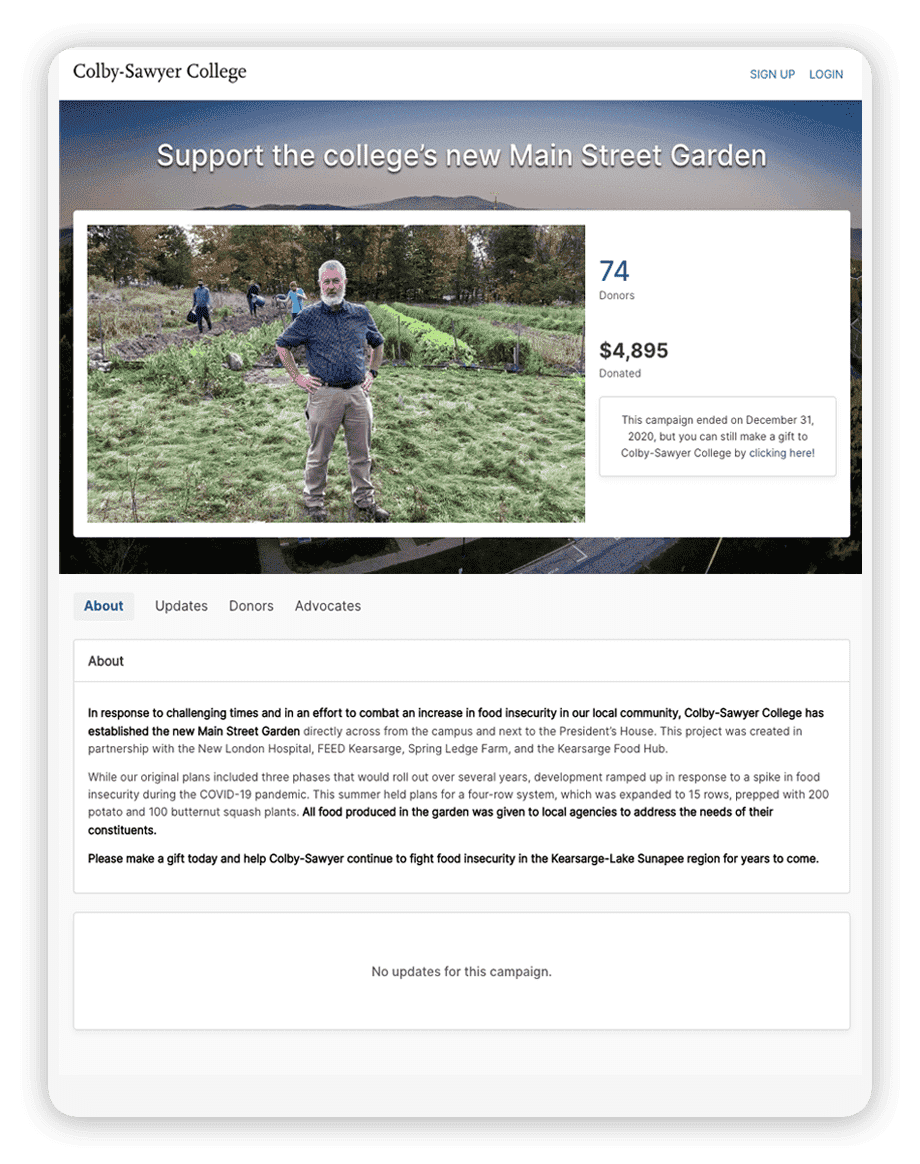 Colby-Sawyer College Main Street Garden fundraising campaign page.