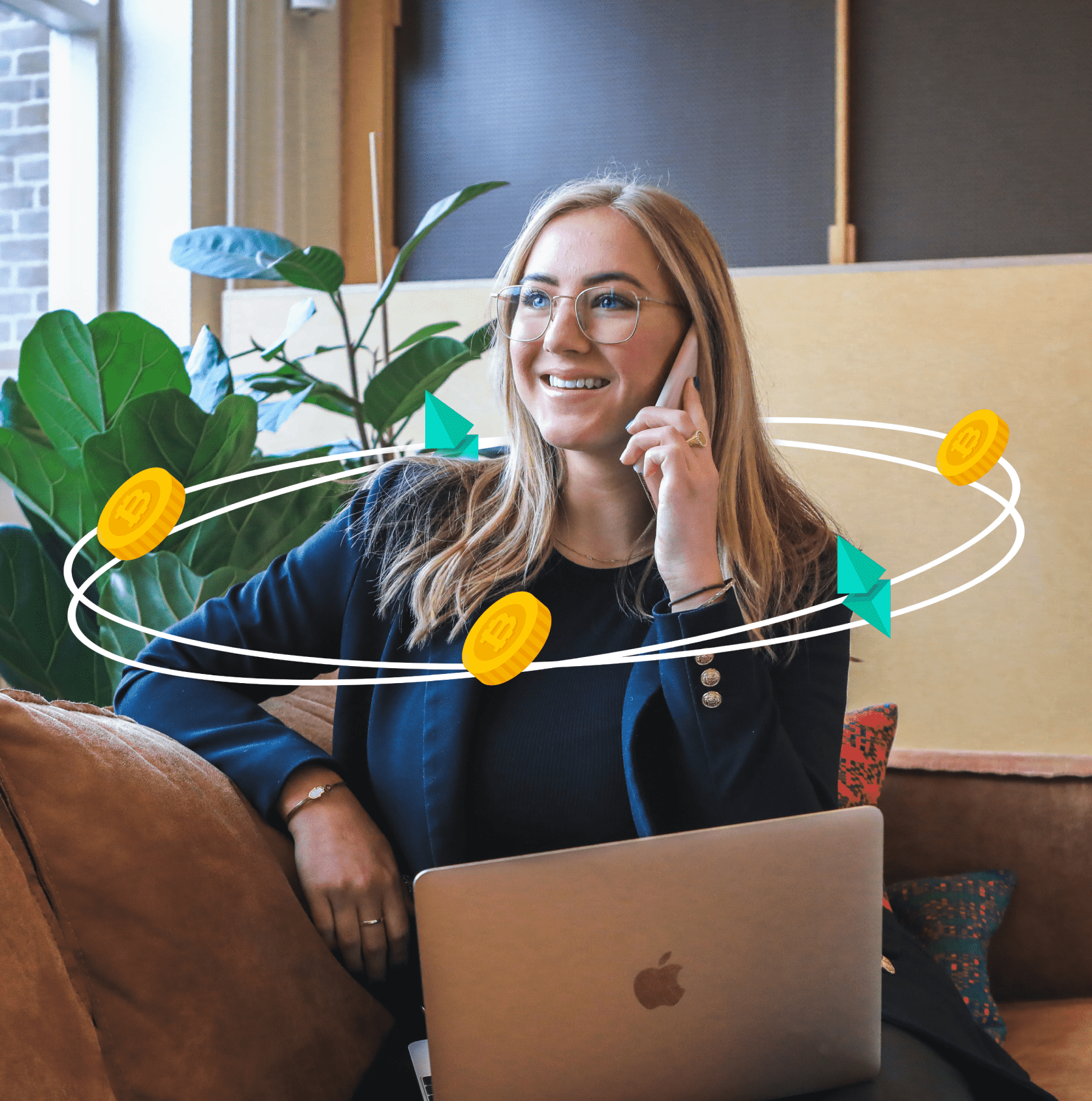 Woman sending bitcoins to another user's computer using a mobile app.