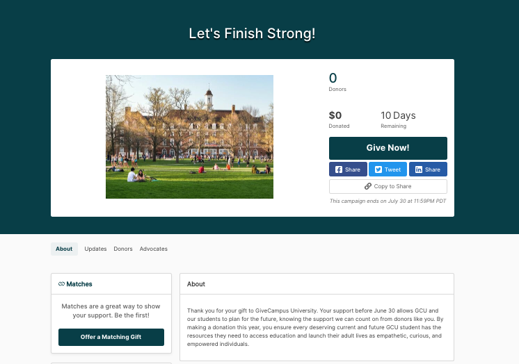 An example FYE campaign for GiveCampus University