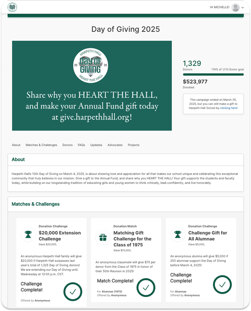 The Harpeth Hall School's 2025 Giving Day campaign page.