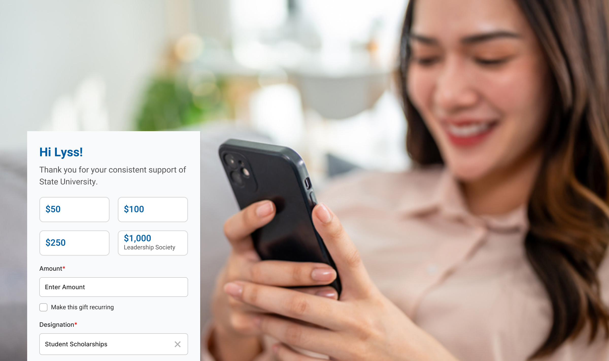 Woman completing giving form on mobile phone with inset of form UI displaying personalization.