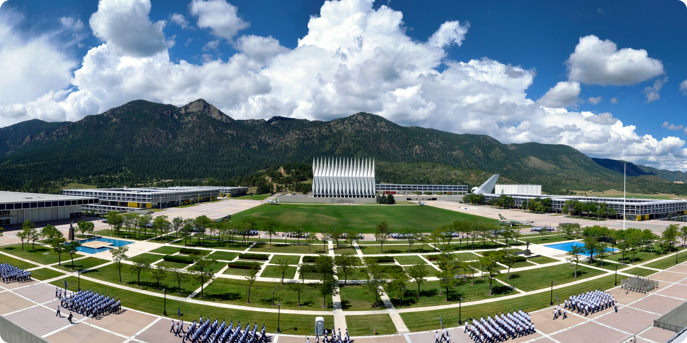 Us Air Force Academy campus with mountains in the background.