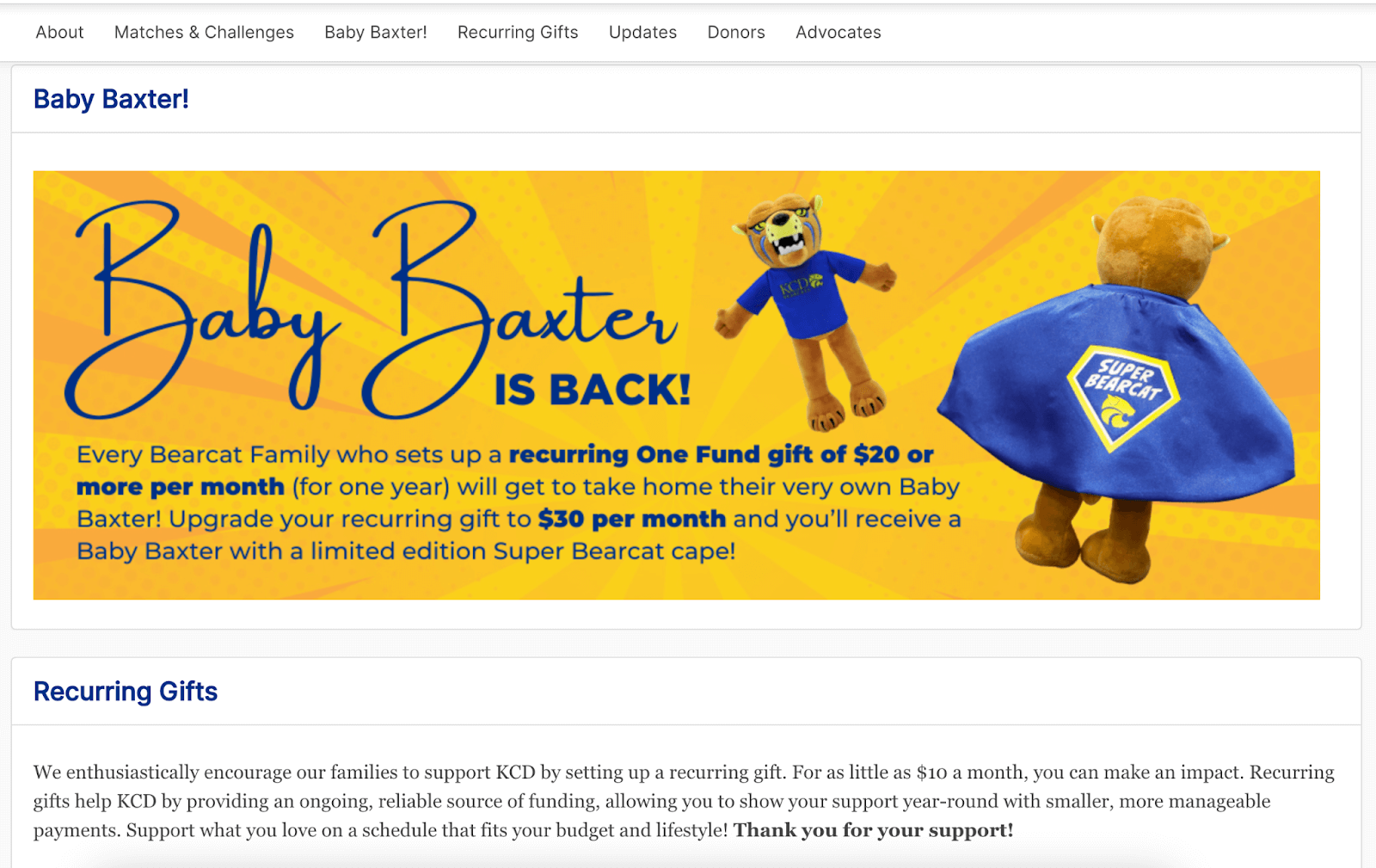 Kentucky Country Day offered a mascot themed incentive for recurring donors