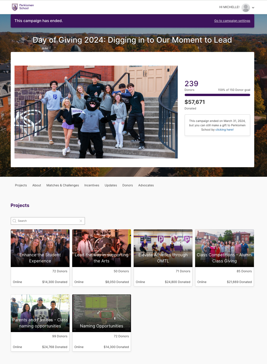 Perkiomen 2024 Day of Giving tiered campaign.page