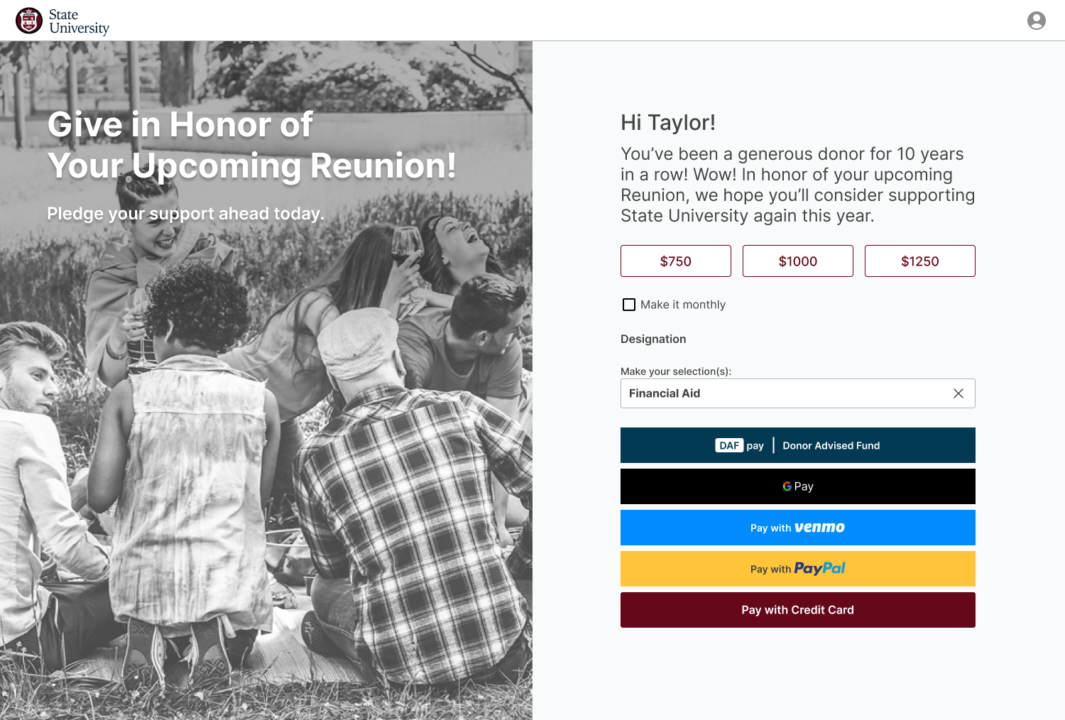 Personalized giving form addressing donor by name, presenting tailored messaging and ask amounts, and multiple ways to give.