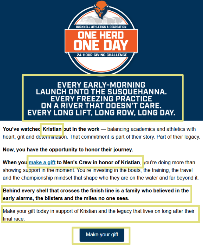 Honor Your Athlete personalized email from Bucknell University's One herd One Day campaign.