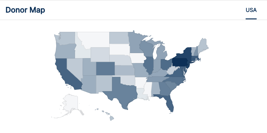 Donor map that tracks where gifts are coming from nationwide.