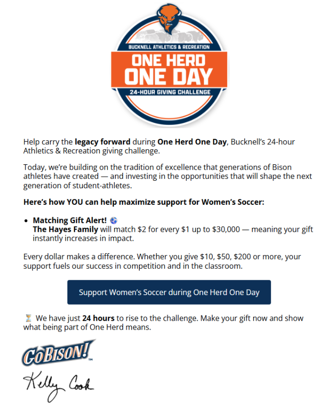 One of Bucknell's coach-signed emails, this one for Women's Soccer, paired with a matching-gift incentive.